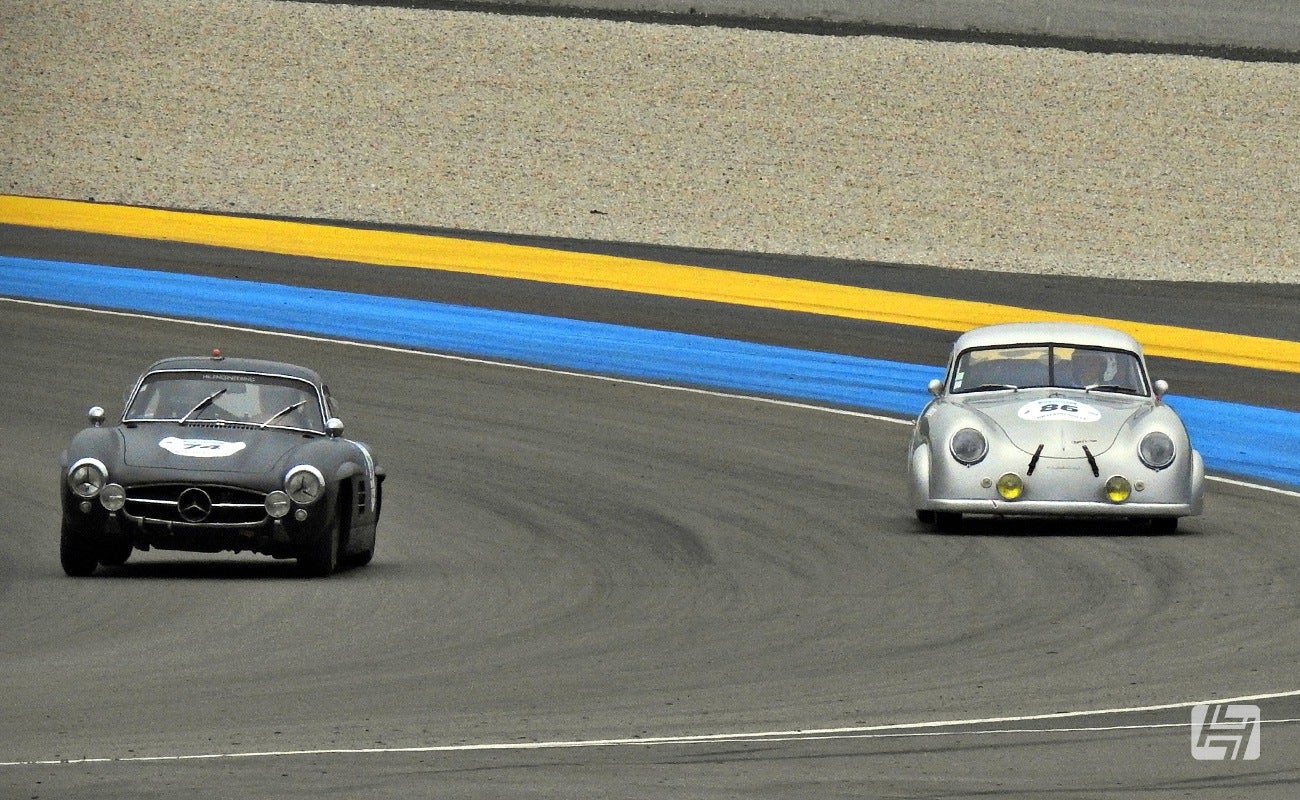 Mercedes SL and Porsche 356 on track at Classic Le Mans 2023