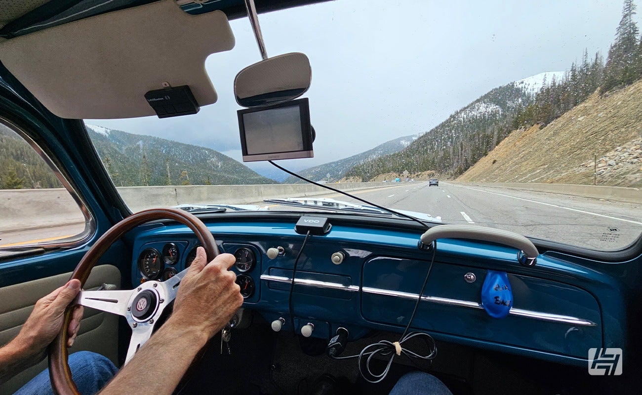 On the road in Richard Davies 1965 VW Beetle in the 2023 Silver Summit Rally