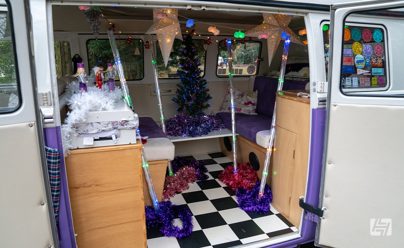 VW Type 2 Split Screen interior with Christmas Tree and decorations