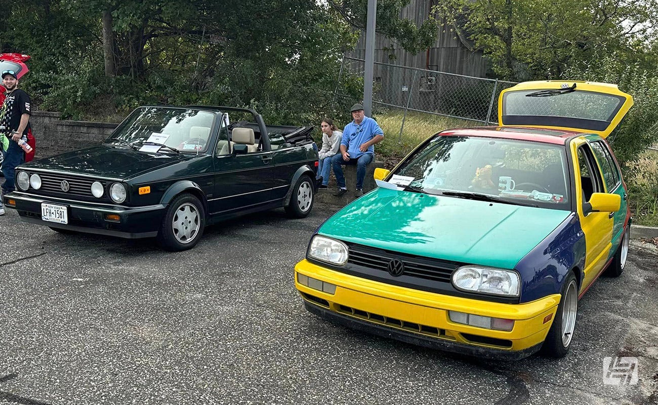 Long Island VW Club Show carpark with Rabbit Cabriolet and Harlequin Golf