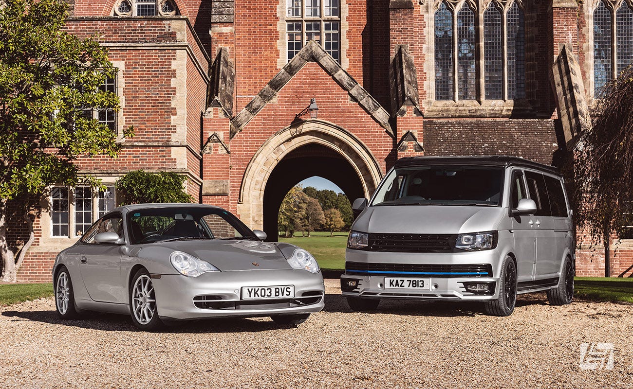 Silver Porsche 996 and silver VW T6