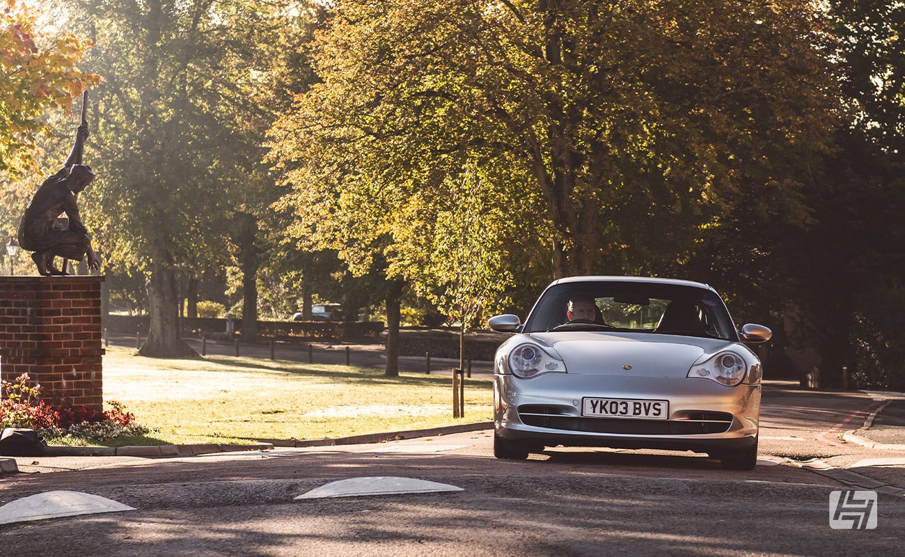 Silver Porsche 996 arrives at Heritage Parts Centre photoshoot Ardingly 2023