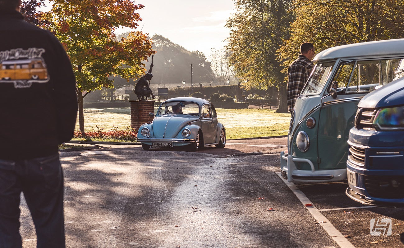 Blue VW Beetle arrives at Heritage Parts Centre photoshoot Ardingly 2023