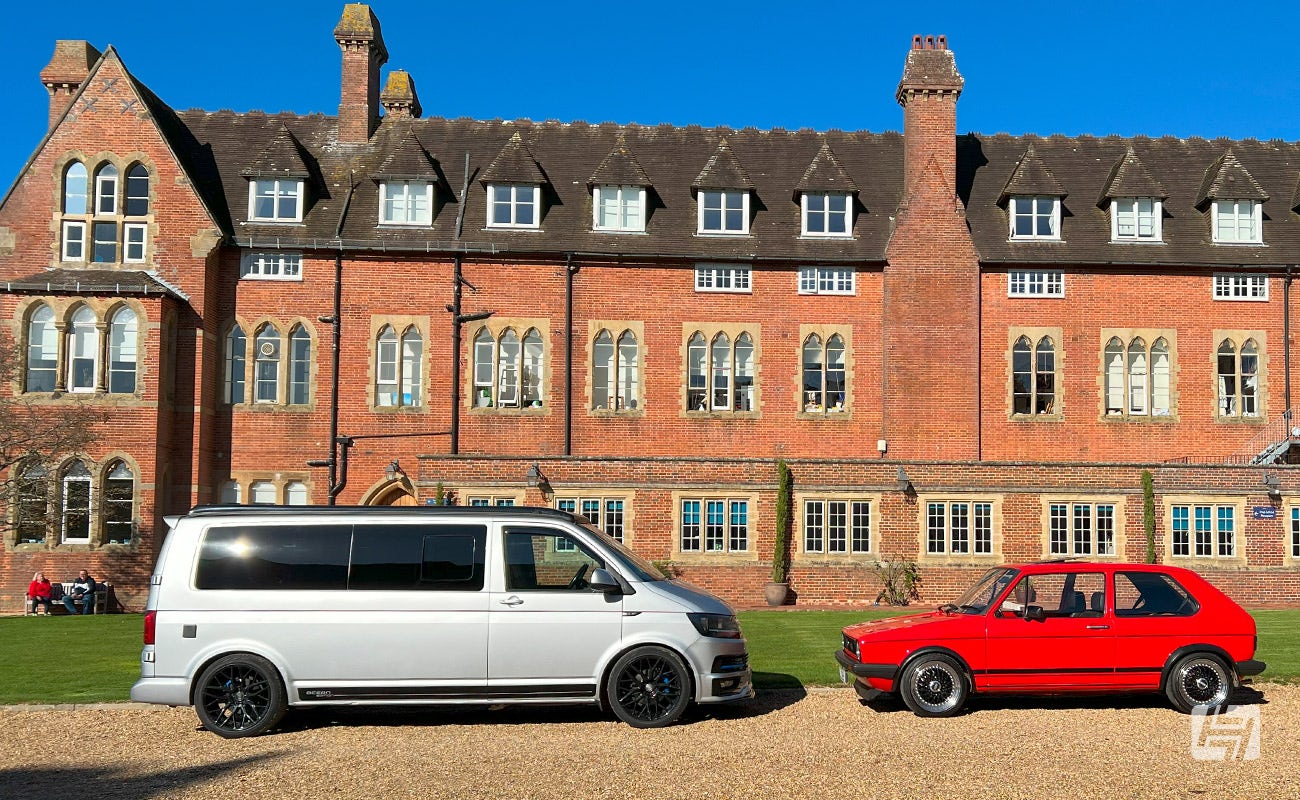 Silver VW T6 and Red Mk1 Golf GTI side profiles 