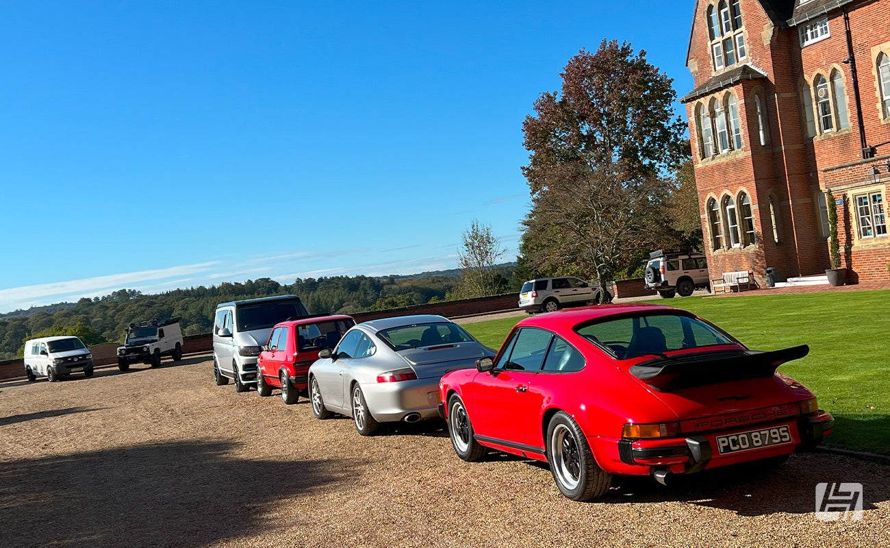 cars parked at lunch break during Heritage Parts Centre photoshoot at Ardingly