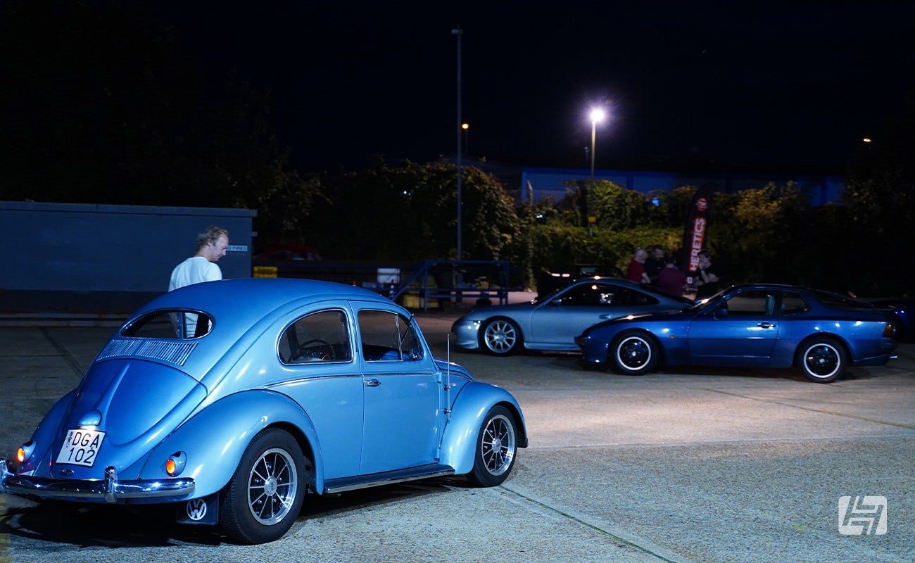 Heretics at Heritage Parts Centre September 2023 blue VW Beetle Oval, Porsche 944, Porsche 996