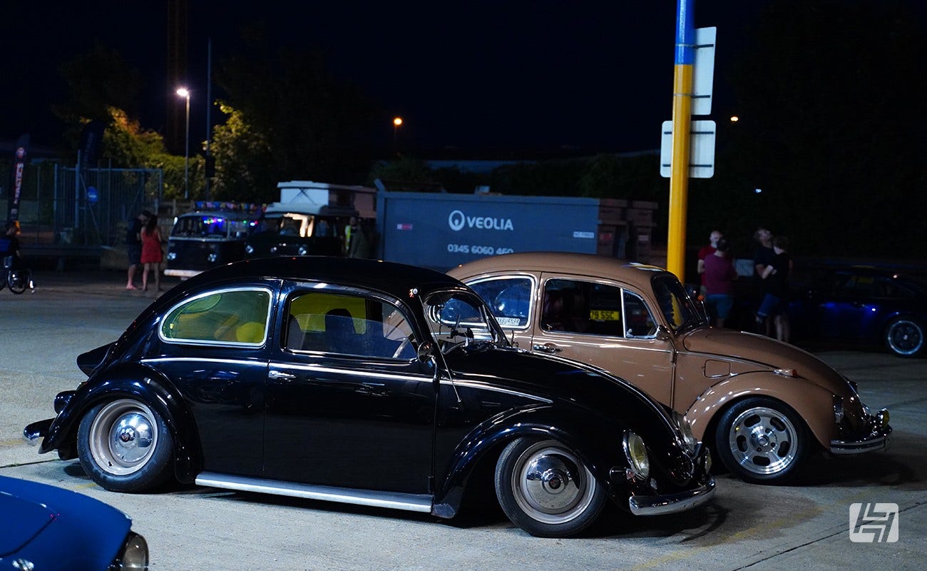 Heretics at Heritage Parts Centre September 2023. Beetles parked up in dark