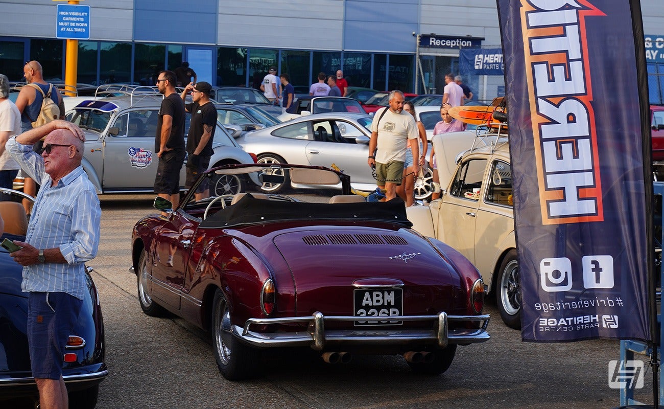 Heretics at Heritage Parts Centre September 2023. Red Karmann Ghia Cabriolet