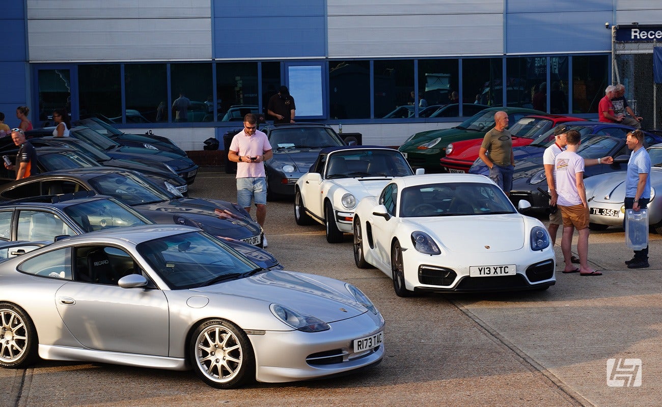 Heretics at Heritage Parts Centre September 2023. 9Werks Porsche parking