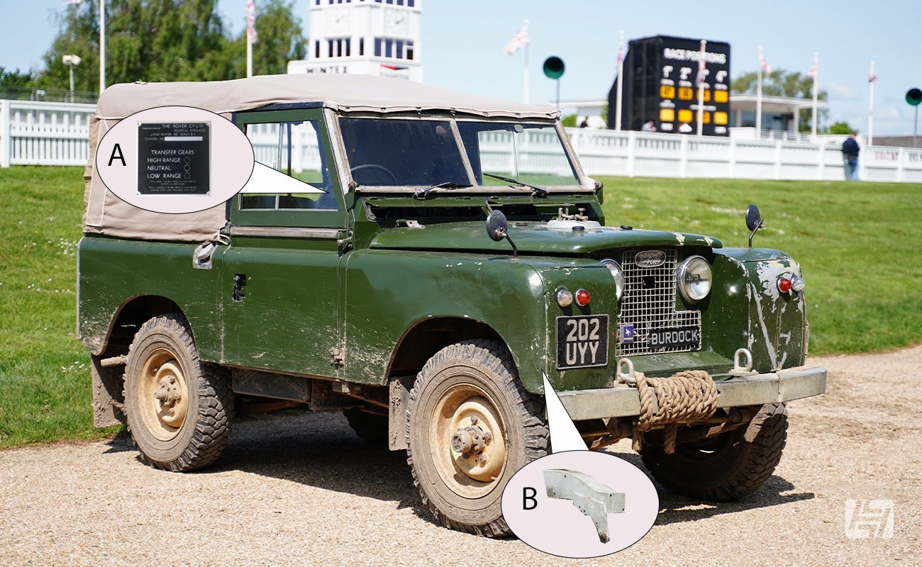 Land Rover Series 2 with chassis number positions highlighted