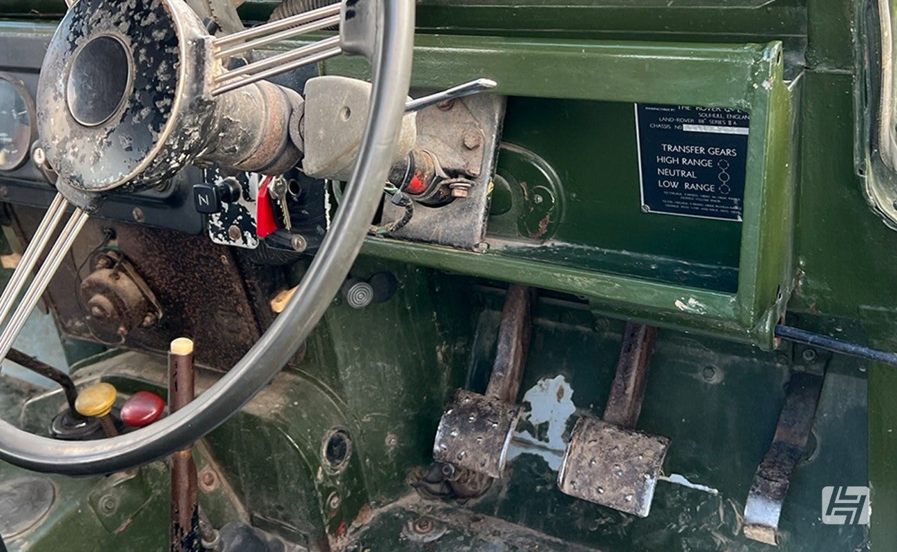 Land Rover Series 2 interior showing chassis number position