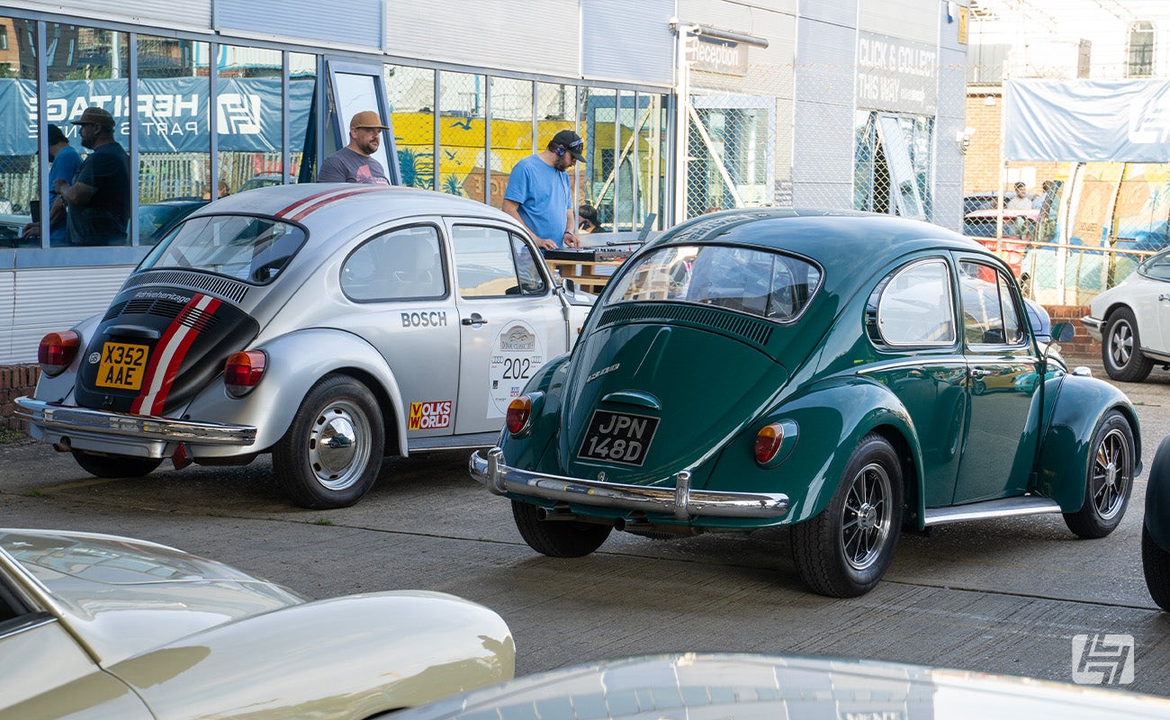 Silver Salzburg Beetle and green Cal Looker at Heritage Parts Centre Heretics meet July 2024
