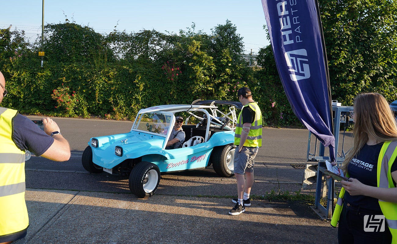 Kaz from Surrey Auto Works arrives in the Boosted Buggy at Heretics at Heritage Parts Centre in June 2024