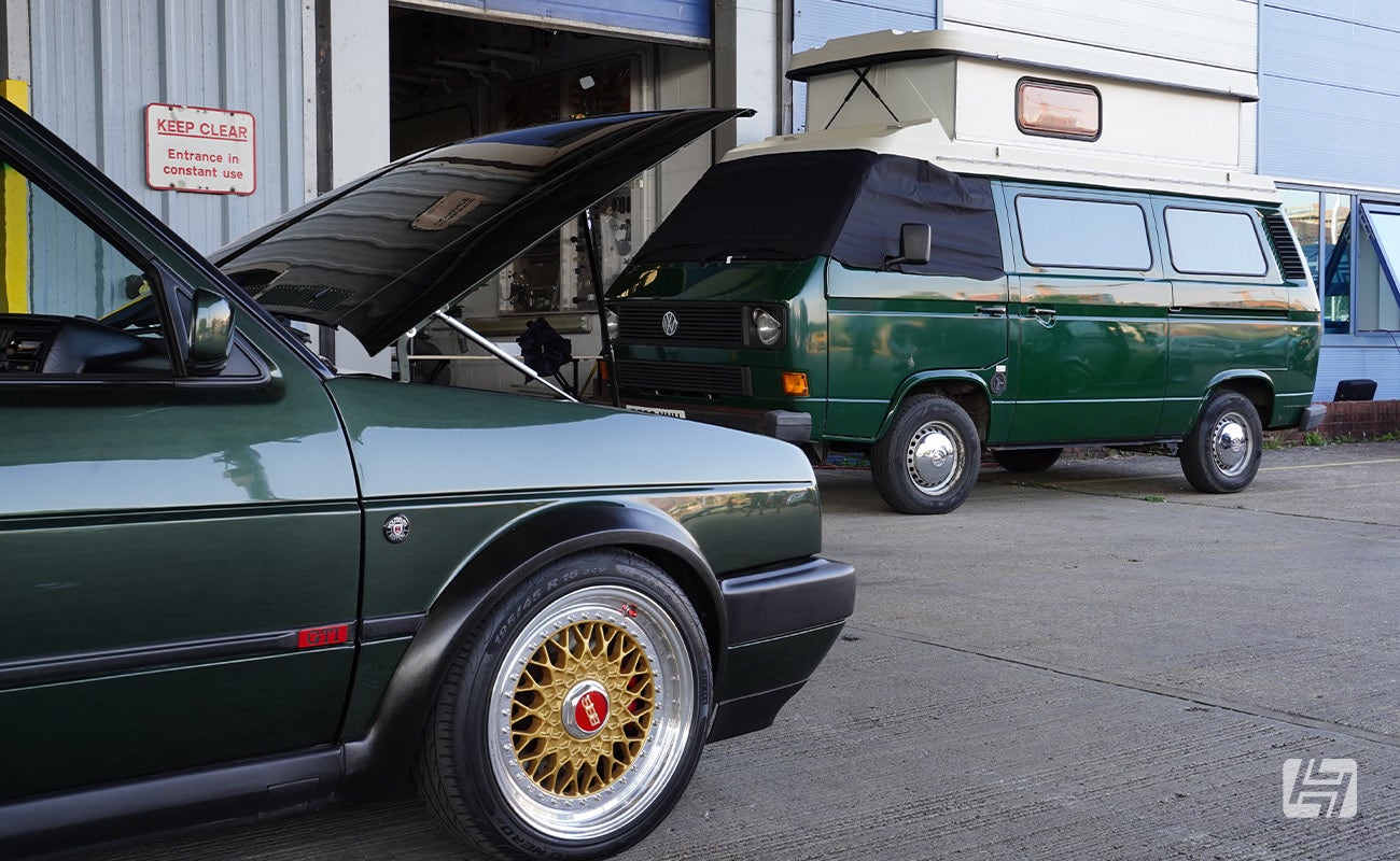 Oak Green Mk2 Golf GTI and Green VW Type 25 at Heretics at Heritage Parts Centre in June 2024