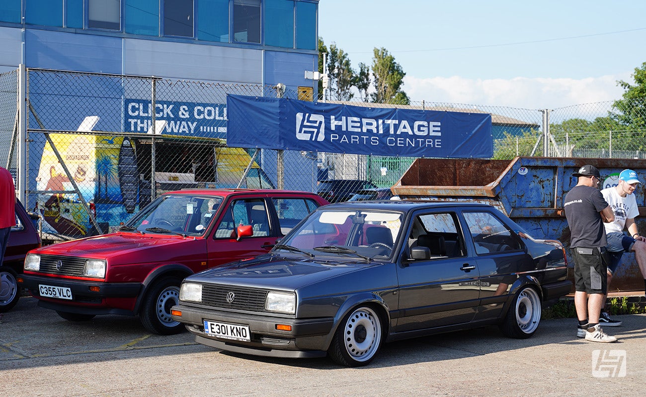 VW Jetta Mk2 Saloon and Mk2 Jetta Coupe at Heretics at Heritage Parts Centre in June 2024