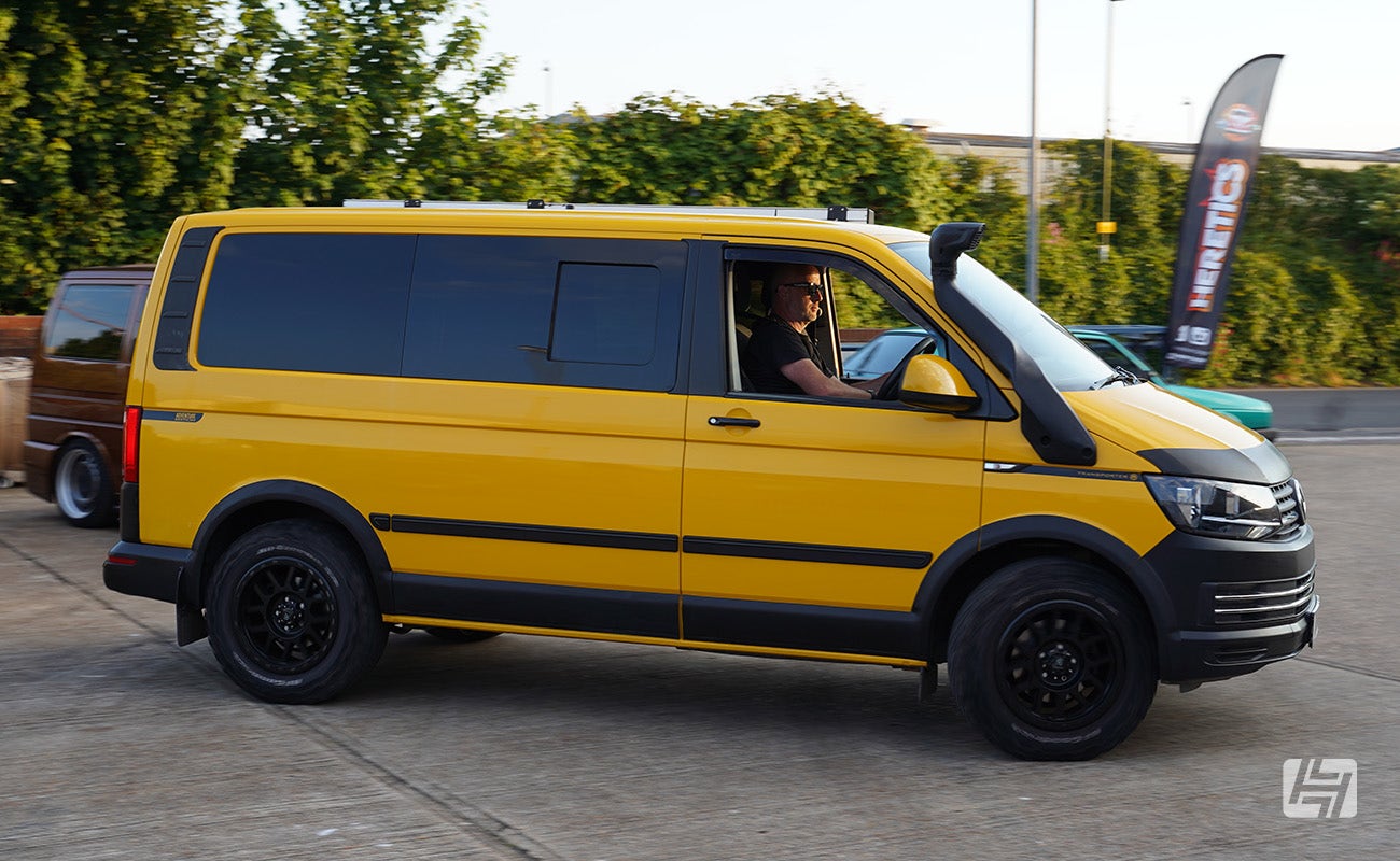Yellow VW T6 Swamper at Heretics at Heritage Parts Centre in June 2024