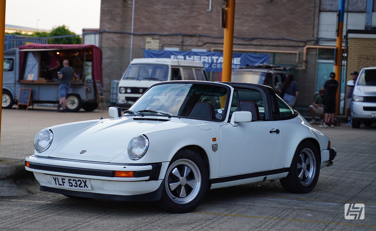 White Porsche 911 Targa at Heretics at Heritage Parts Centre in June 2024