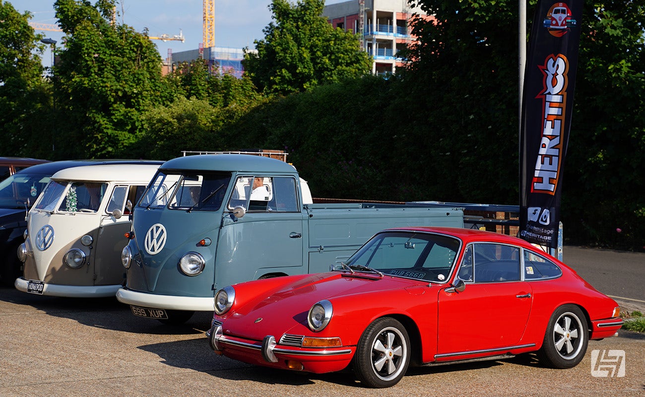 Red Porsche 912 and Single Cab at June's Heretics Meet at Heritage Parts Centre 2024