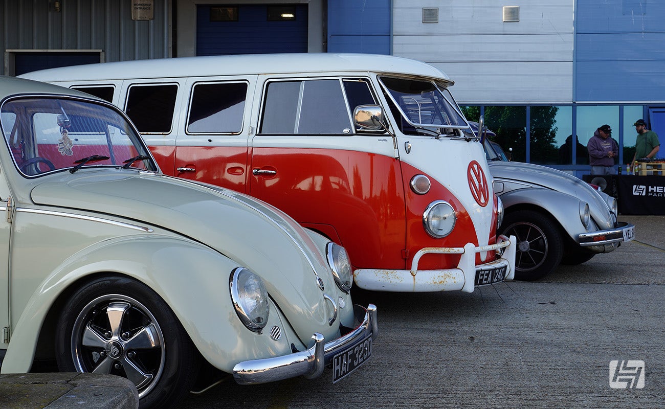 Aircooled VW line up at Heretics at Heritage Parts Centre in June 2024
