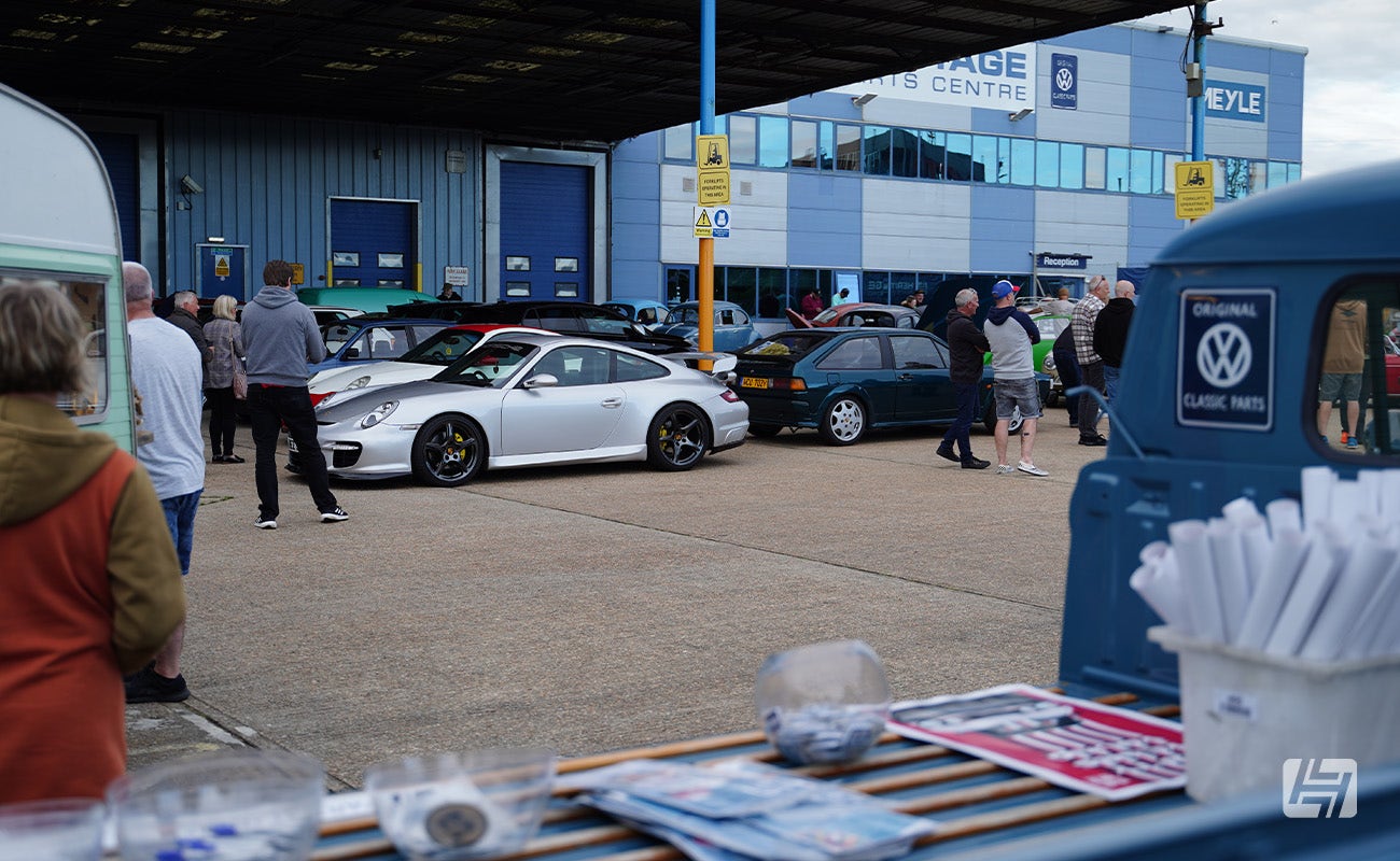 Silver Porsche 997 at Heretics VW and Porsche enthusiast meeting at Heritage Parts Centre