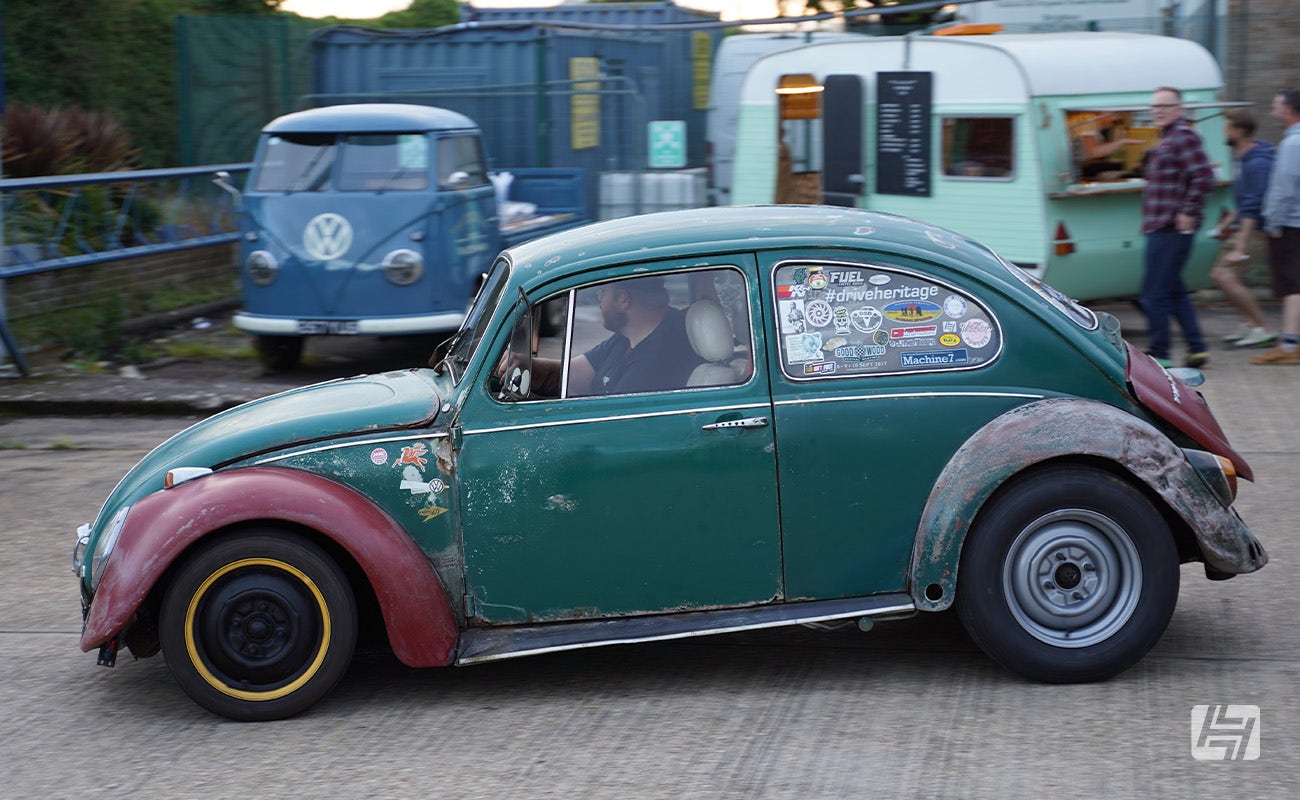 Green patina VW Beetle at Heretics VW and Porsche enthusiast meeting at Heritage Parts Centre