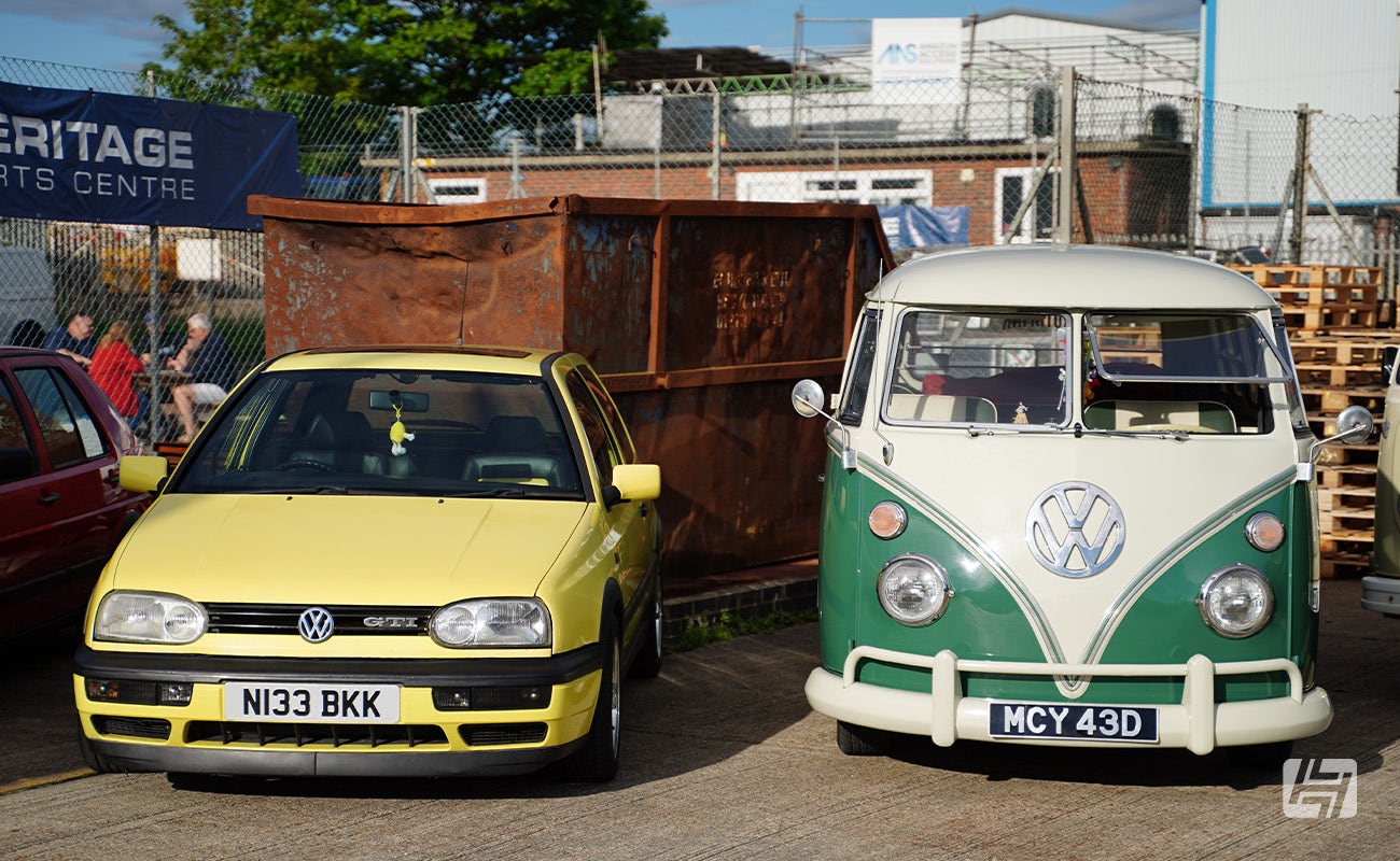 Yellow VW Golf Mk3 GTI Colour Concept and Green VW Split at Heretics VW and Porsche enthusiast meeting at Heritage Parts Centre