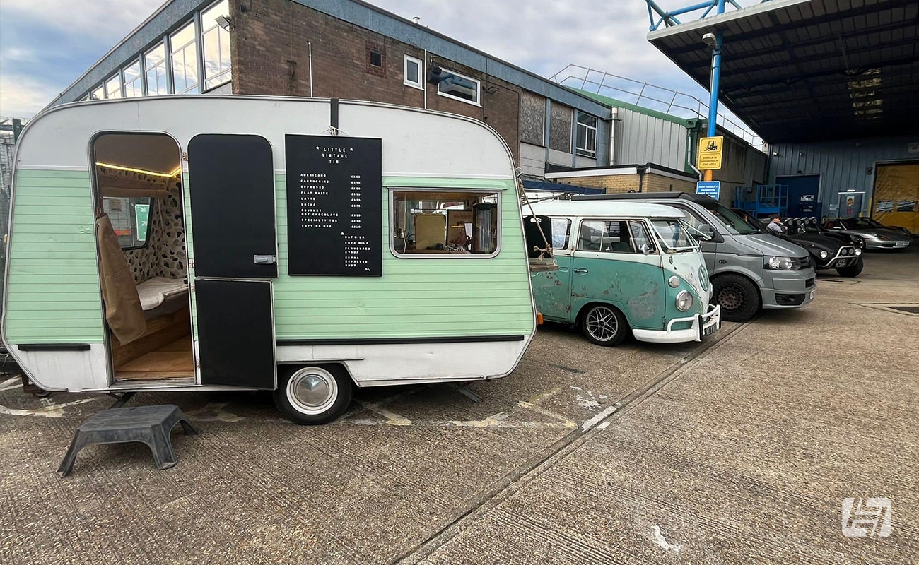 Little Vintage Tin Coffee Caravan at Heretics VW and Porsche enthusiast meeting at Heritage Parts Centre