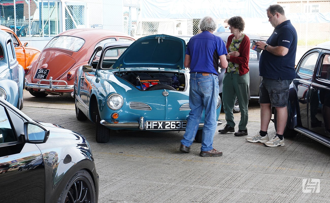 Blue VW Karmann Ghia at Heretics VW and Porsche enthusiast meeting at Heritage Parts Centre