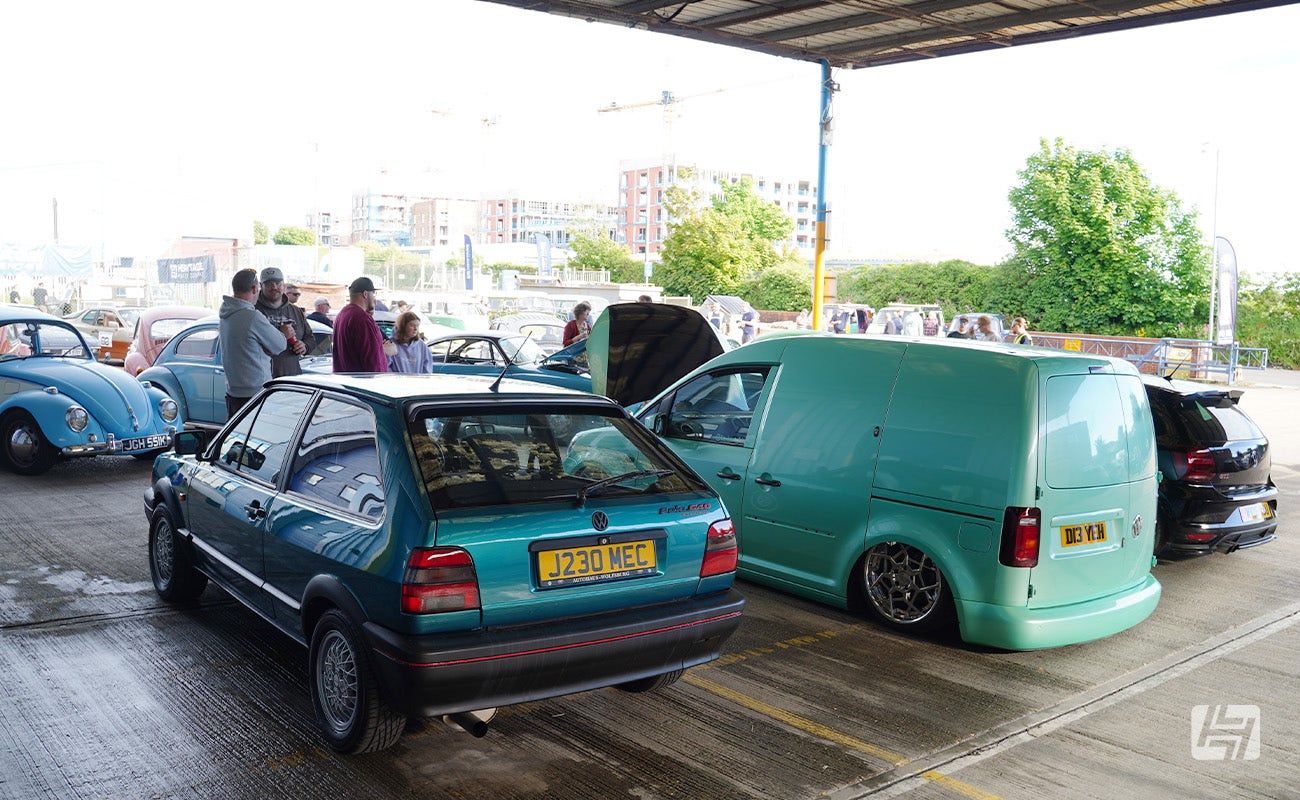 Green VW Polo G40 and Body Dropped VW Caddy at Heretics VW and Porsche enthusiast meeting at Heritage Parts Centre