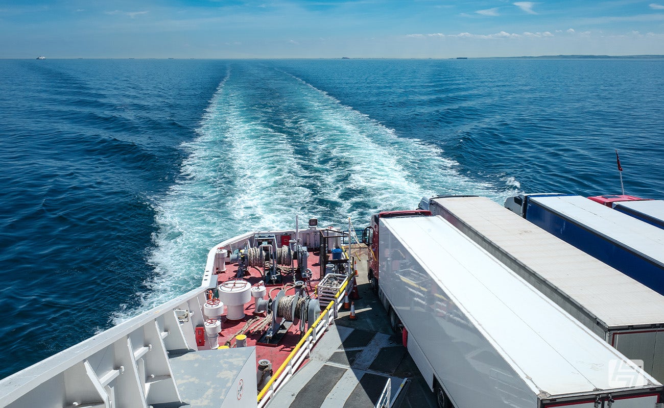 Trucks on a ship travelling to Europe