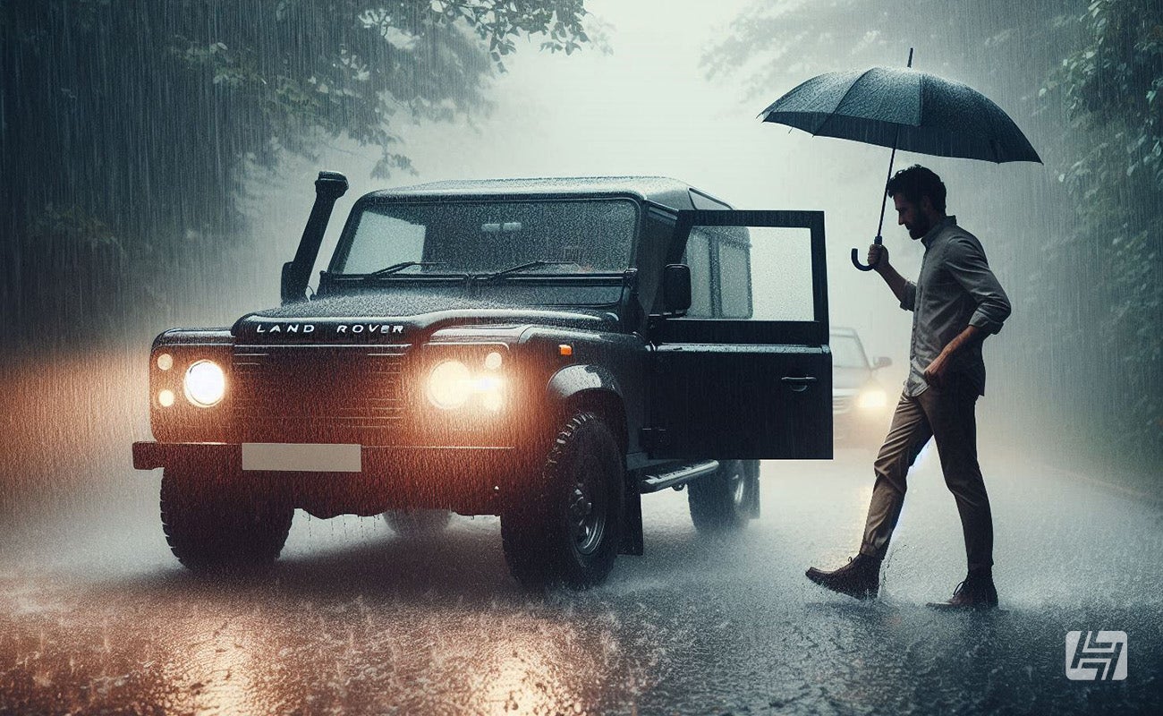 Man with umbrella getting into Land Rover Defender in the rain