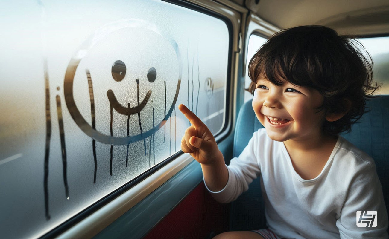 Small child draws a smiley face in the condensation of the car window
