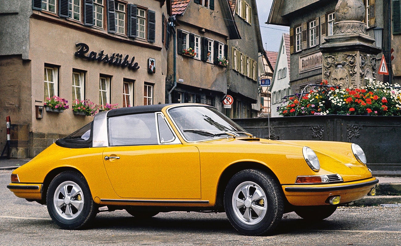 Yellow Porsche 911 Targa with soft rear window