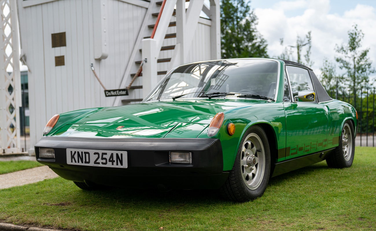 Green Porsche 914 parked at Brooklands