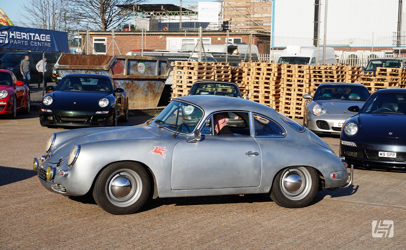 Silver Porsche 356 C at Heretics April 2025 Meeting at Heritage Parts Centre