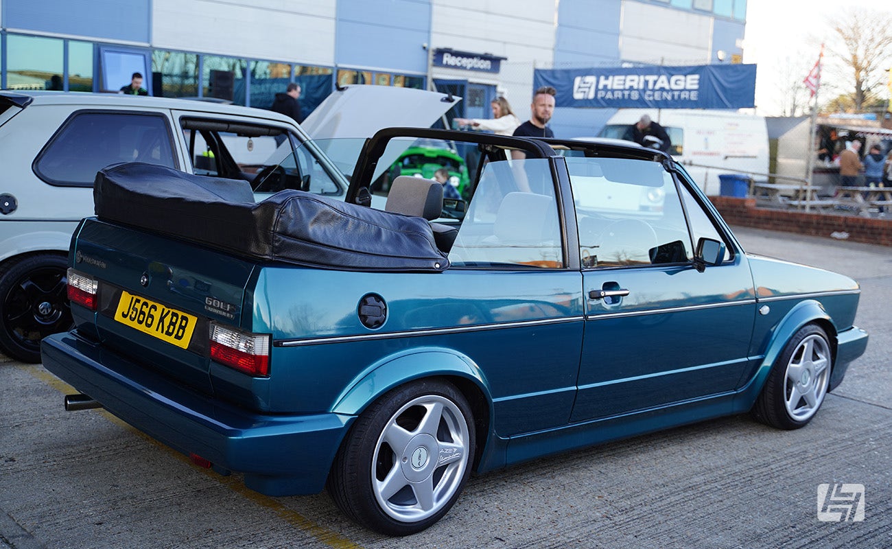 Green VW Golf Mk1 Cabriolet at Heretics April 2025 Meeting at Heritage Parts Centre