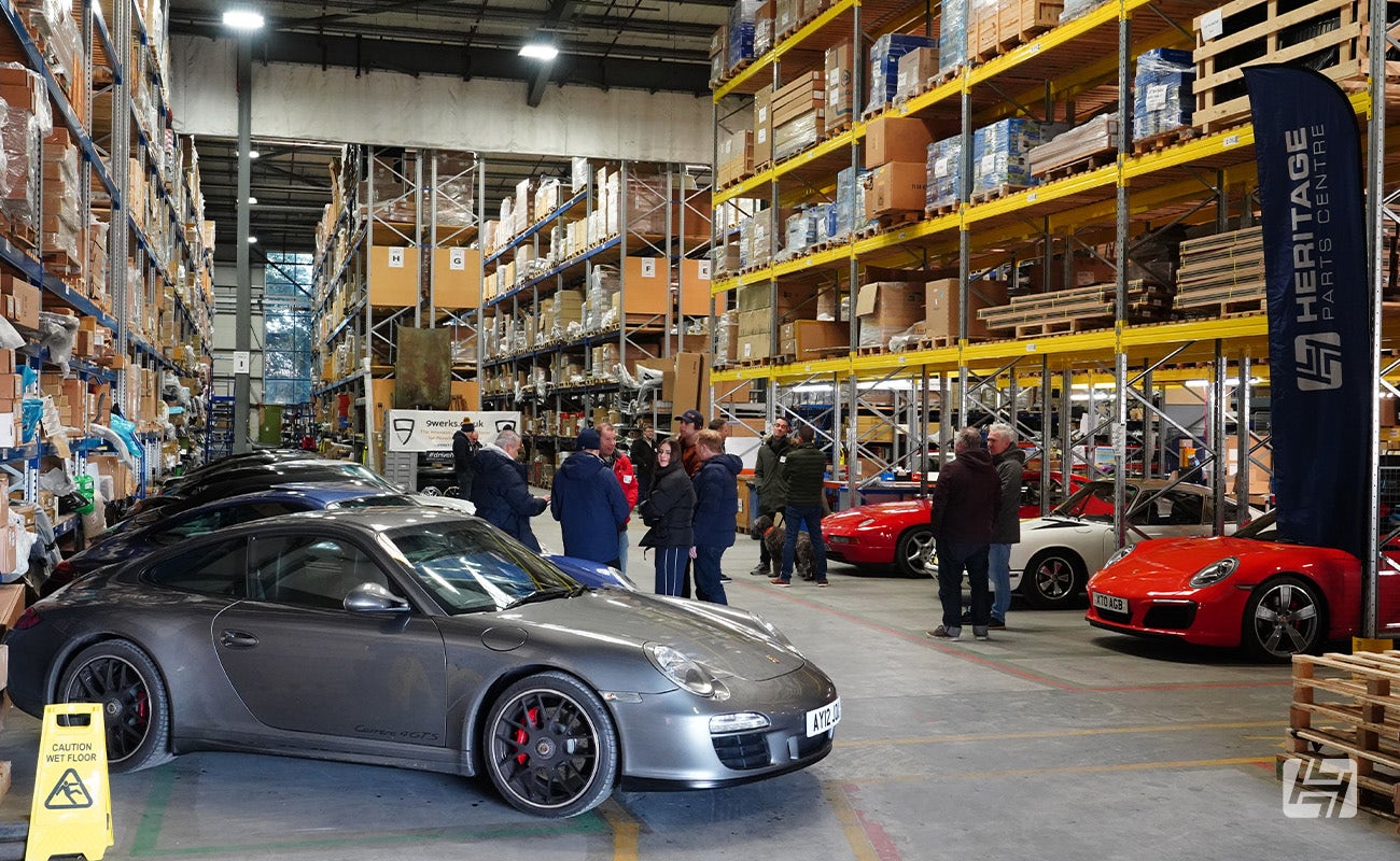 9Werks at the Warehouse 2024. Porsches parked in the Heritage Parts Centre warehouse