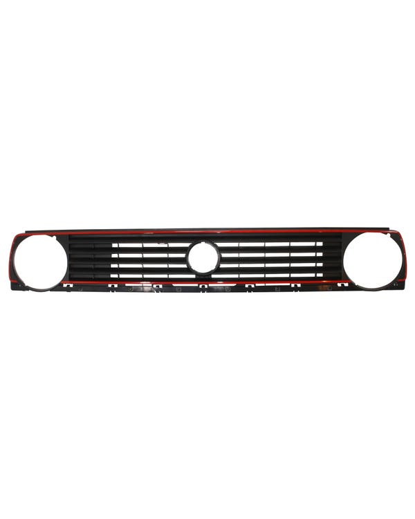 Front Grille with 5 Slats, Red Trim and Single Headlight Recesses  fits Golf Mk2